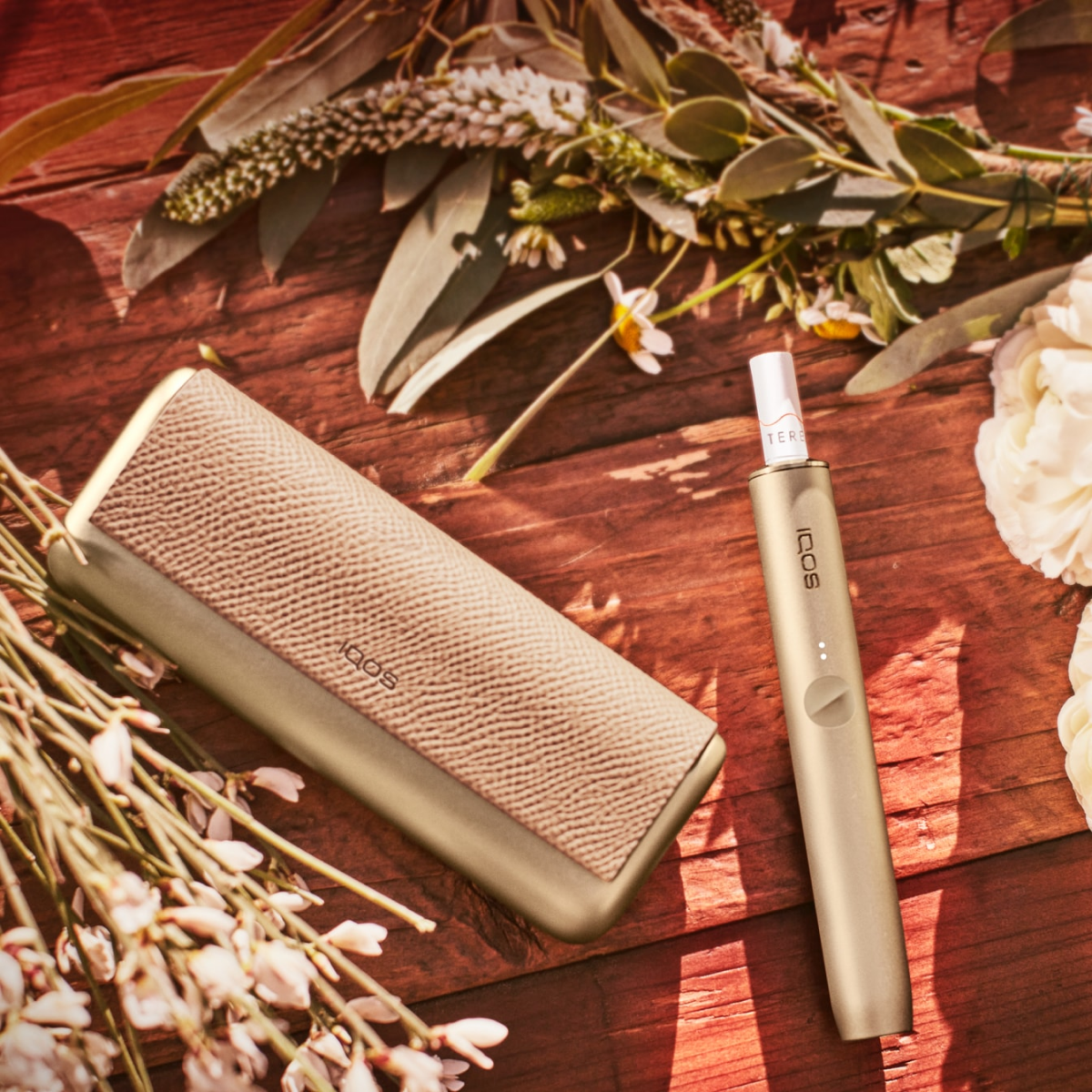 IQOS ILUMA PRIME in Pepple Beige liegend in der Mitte von Blumen